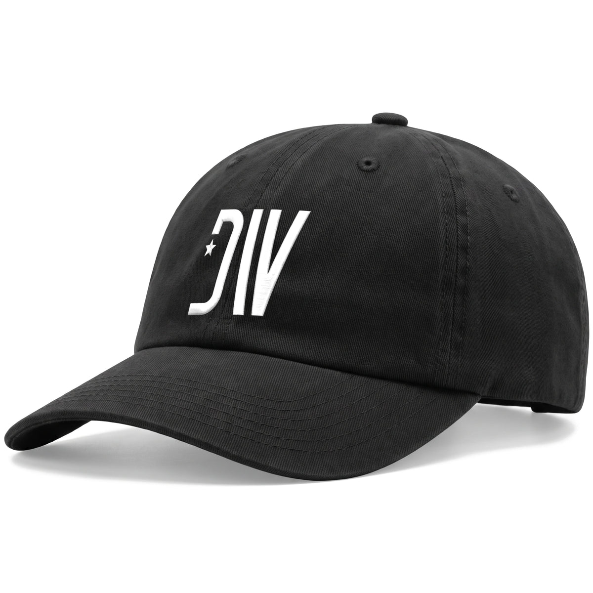 Dion Wear unstructured cap in black with the white 3D puff DW star monogram embroidered on the front, Richardson 326 three-quarter view