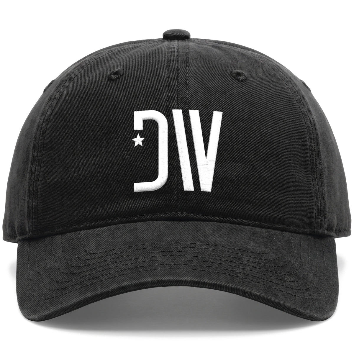 Straight front view of the black Dion Wear unstructured cap with the white DW star monogram centred on the front