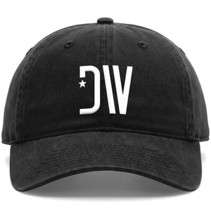 Straight front view of the black Dion Wear unstructured cap with the white DW star monogram centred on the front