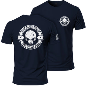 Divided We Fall Skull T-Shirt in Navy, back and front: United We Stand, Divided We Fall skull seal printed large on the back, small matching seal on the left chest, American flag on the right sleeve