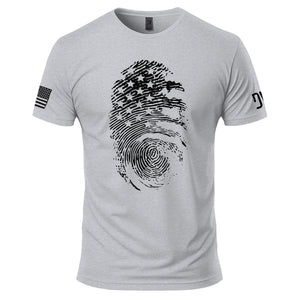 Gray t-shirt with black graphic design on a white background