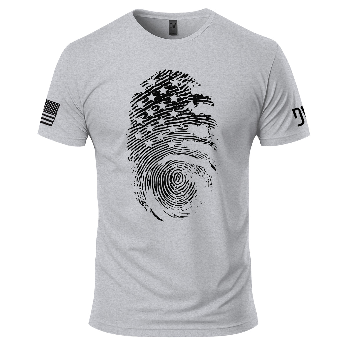 Gray t-shirt with black graphic design on a white background