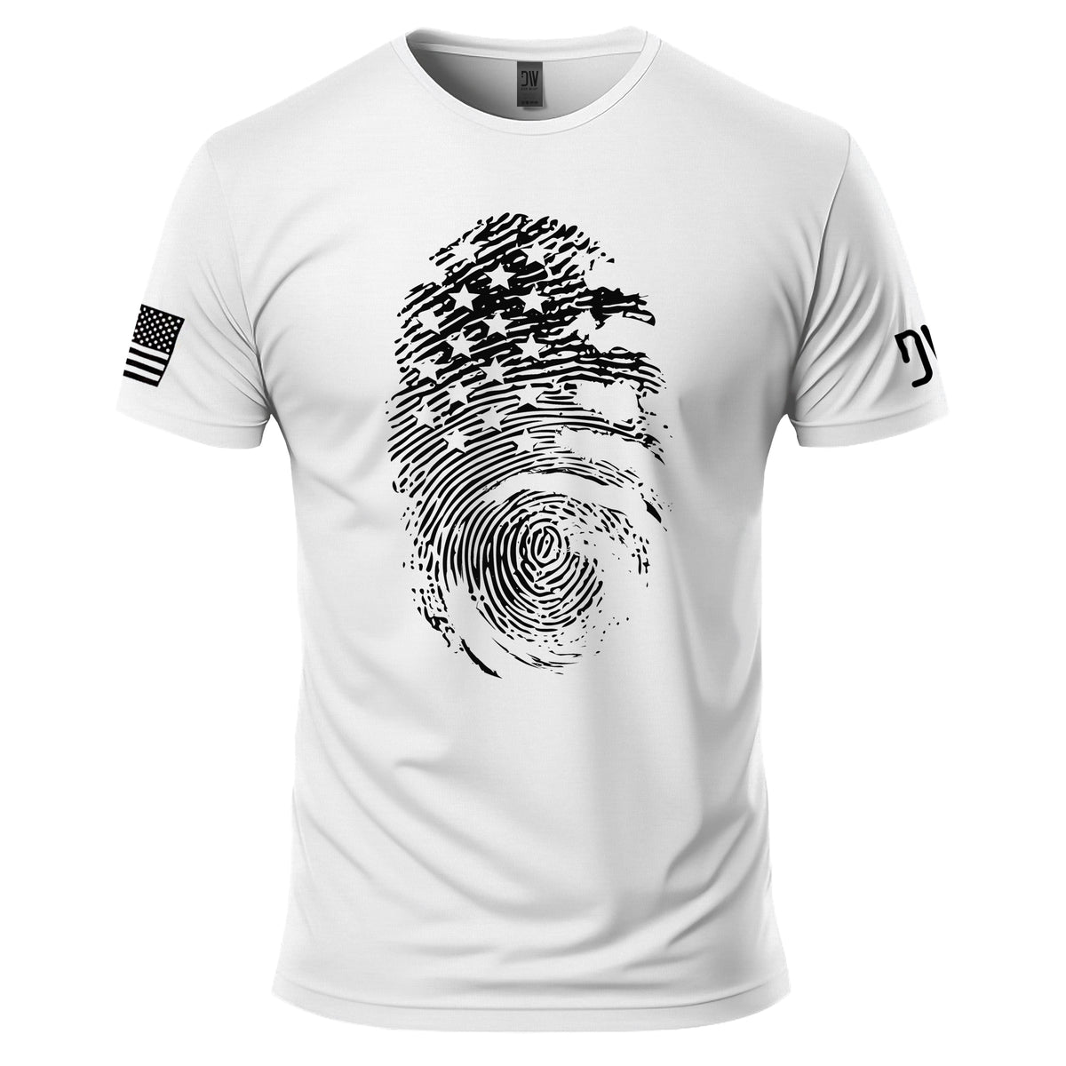White t-shirt with black fingerprint design and small flags on sleeves against a white background
