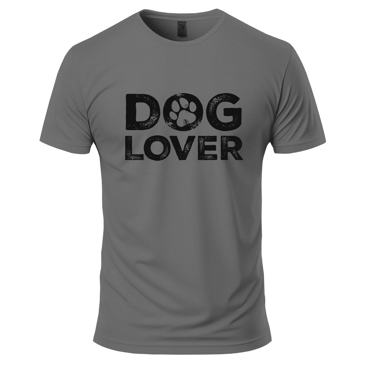 Gray t-shirt with 'DOG LOVER' text on a white background