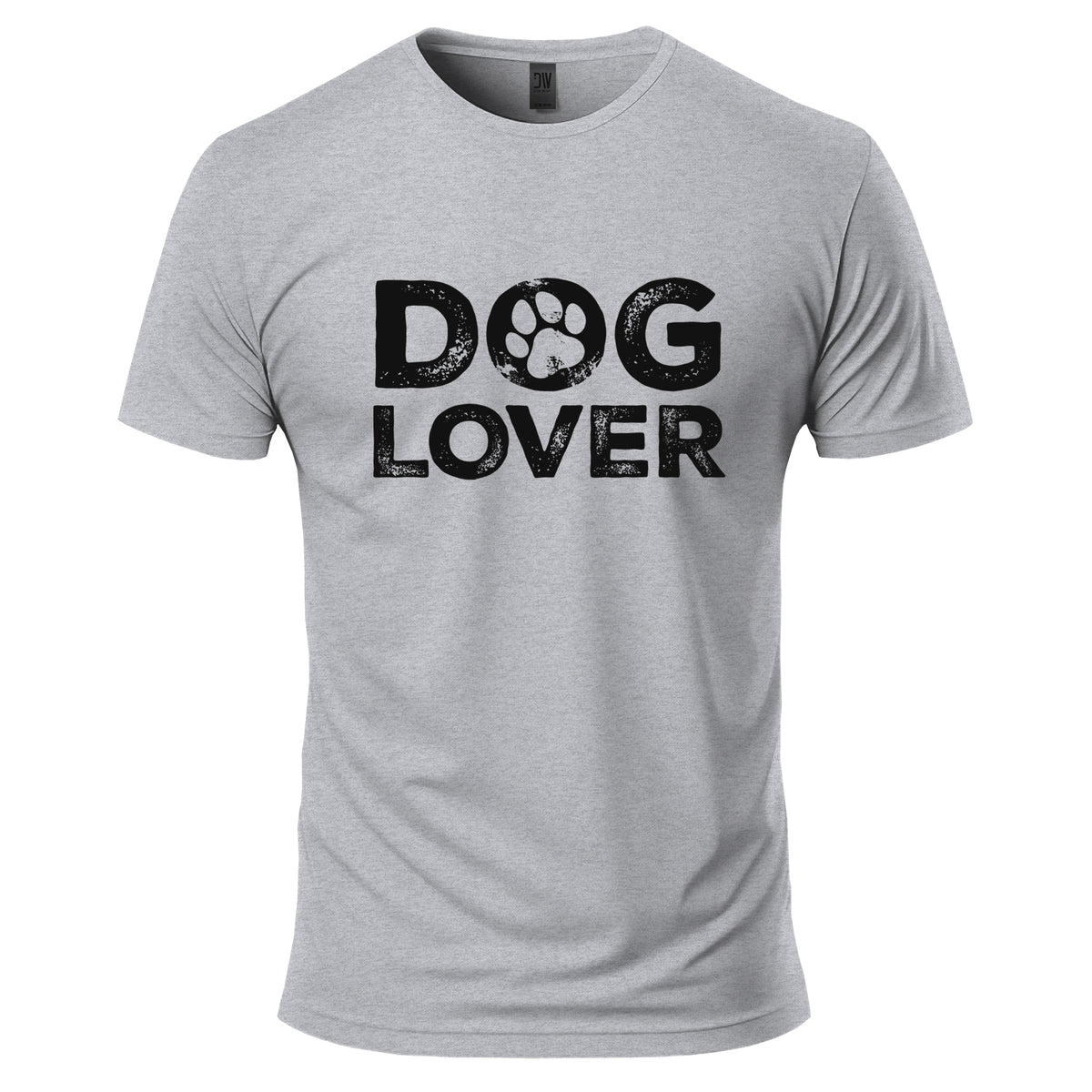 Gray t-shirt with 'Dog Lover' text on a white background