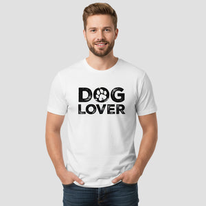 Man wearing a white t-shirt with 'DOG LOVER' text on a plain background