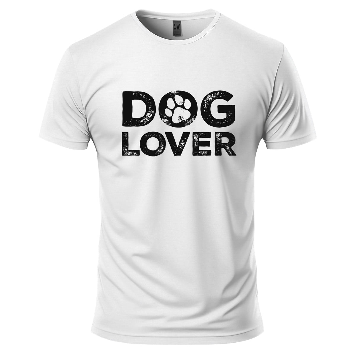 White t-shirt with 'DOG LOVER' text and paw print on a white background