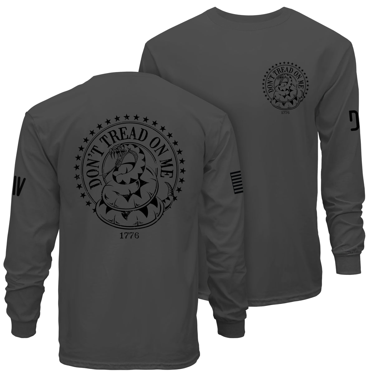 Gray long-sleeve shirt with 'Don't Tread on Me' design on front and back, featuring stars and a snake.
