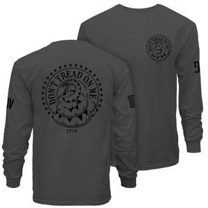 Gray long-sleeve shirt with 'Don't Tread on Me' design on front and back, featuring stars and a snake.