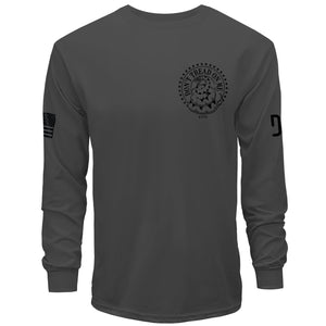 Dark gray long-sleeve shirt with black graphics on a white background