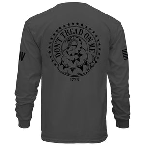 Dark gray long-sleeve shirt with 'Don't Tread on Me' graphic on the back, displayed on a white background.
