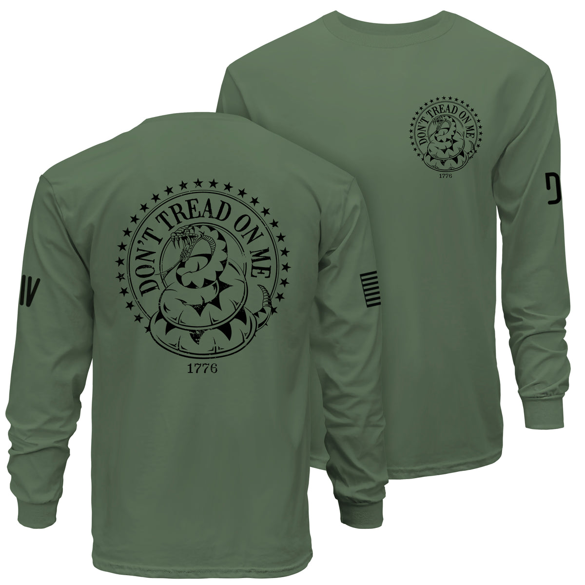 Green long-sleeve shirt with 'Don't Tread on Me' design on the back, displayed from front and back views.