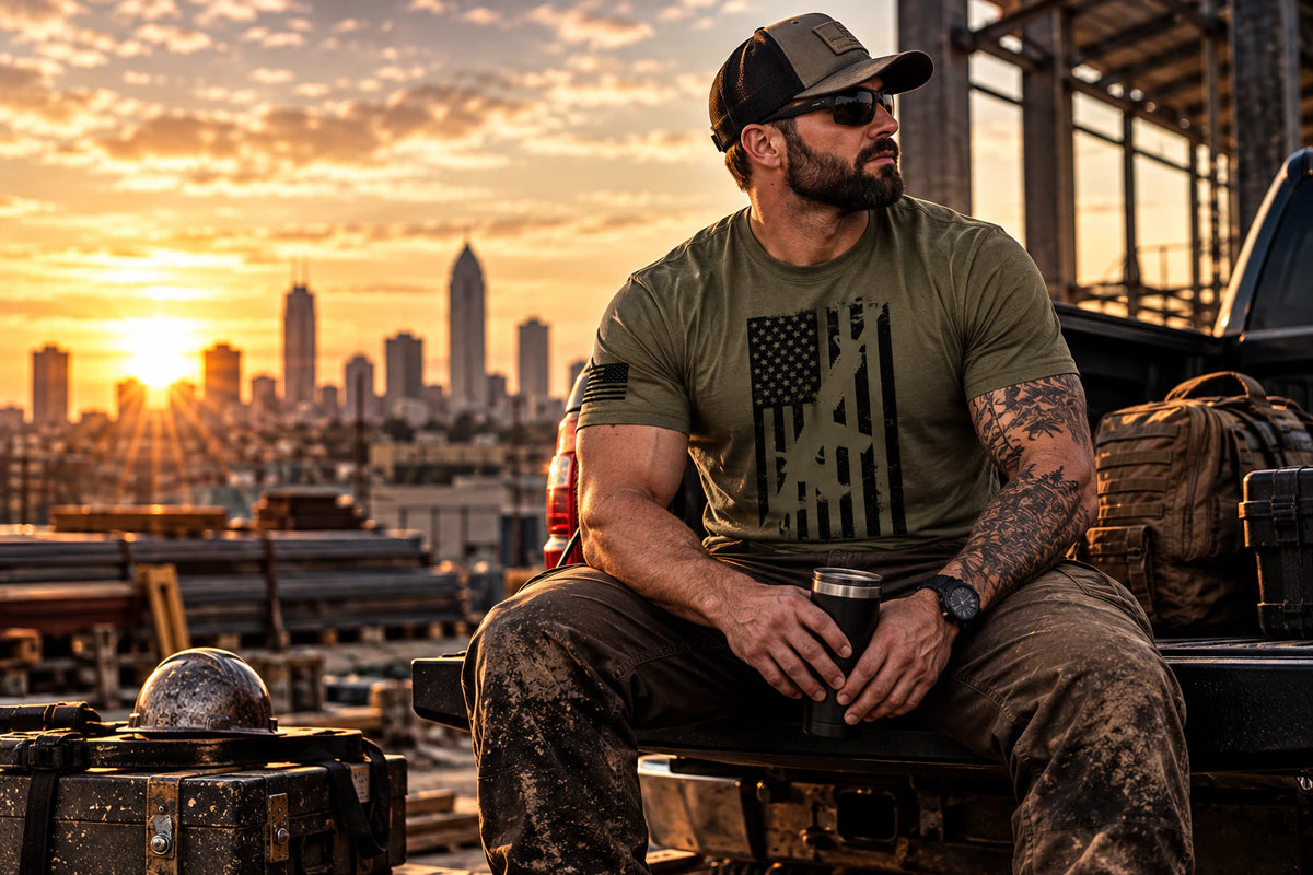 Bearded man in a military green Dion Wear graphic tee resting on a truck tailgate at a job site at sunset