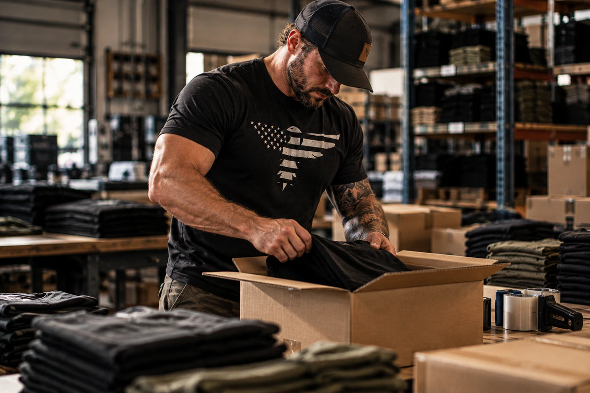Man in a black Dion Wear graphic tee packing a folded shirt into a shipping box in a warehouse