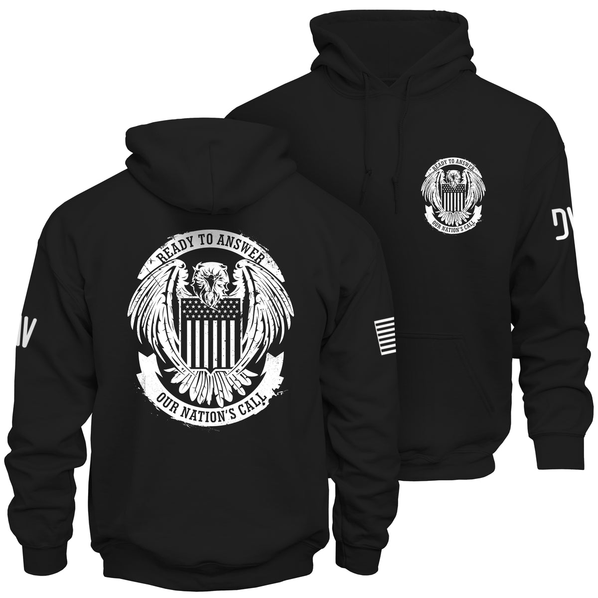 Black hoodie with white eagle and text design on front and back