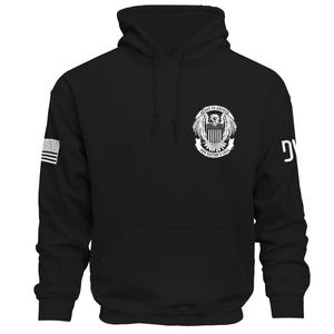 Black hoodie with white emblem and text on a white background