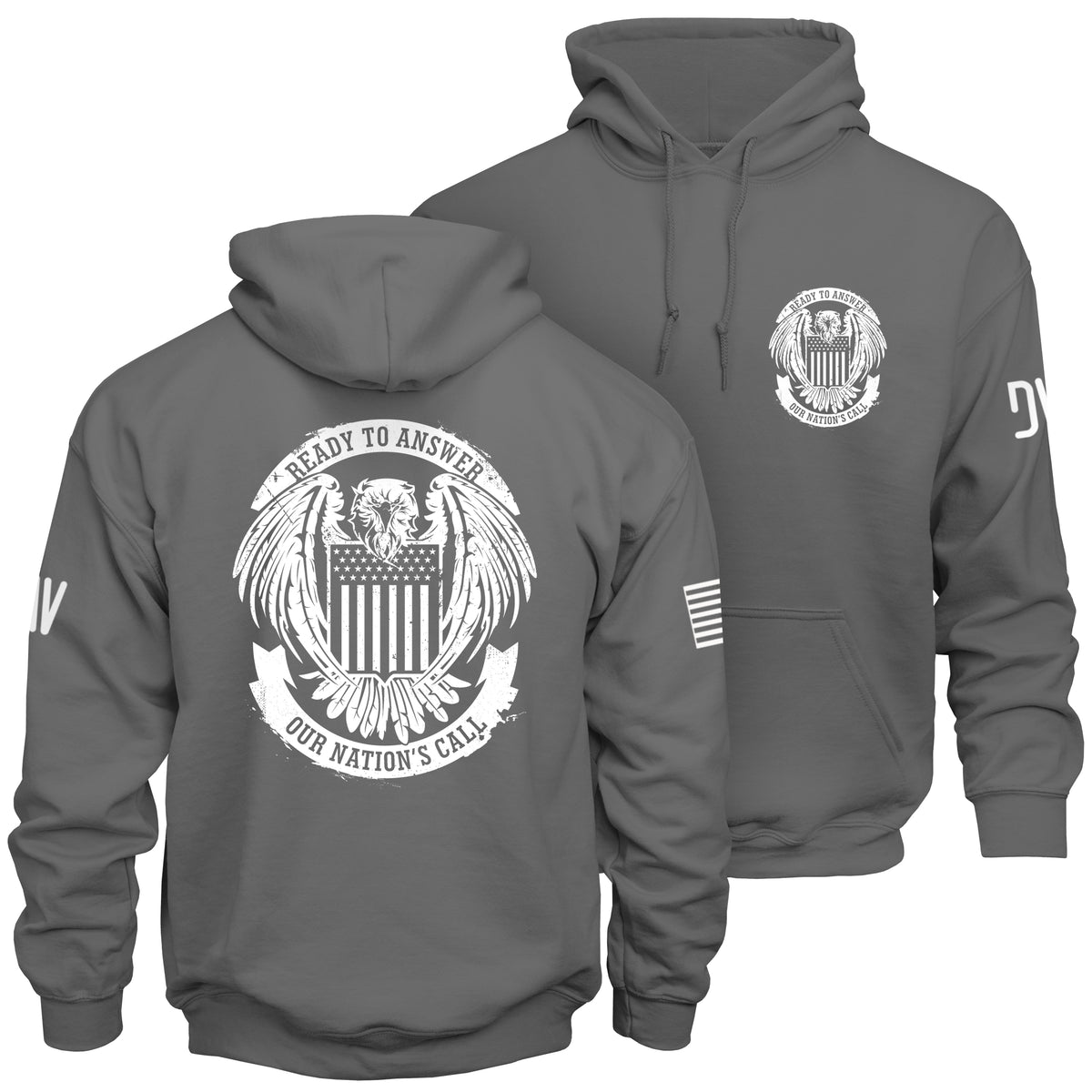 Gray hoodie with military-themed design on front and back, featuring an eagle and text.