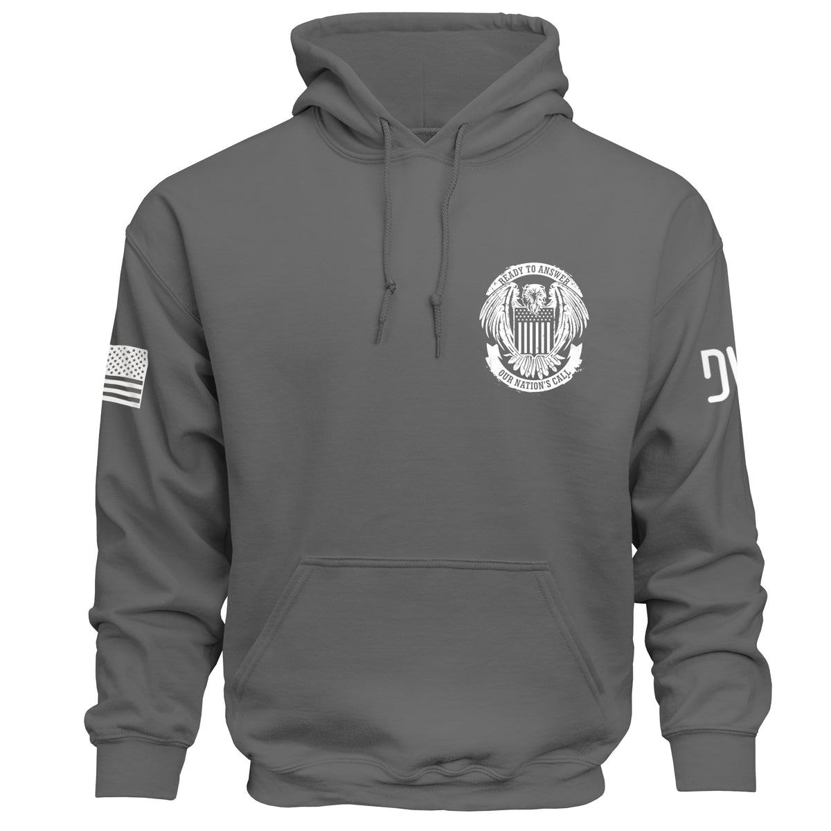 Gray hoodie with a logo and text on a white background