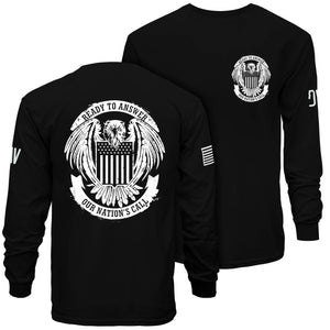 Black long-sleeve shirt with white graphic design on a white background