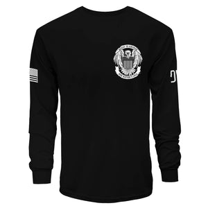 Black long-sleeve shirt with a white emblem and designs on sleeves against a white background