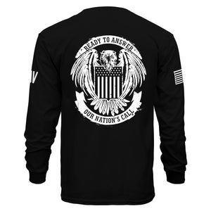 Black long-sleeve shirt with an eagle and American flag design on the back, on a white background.