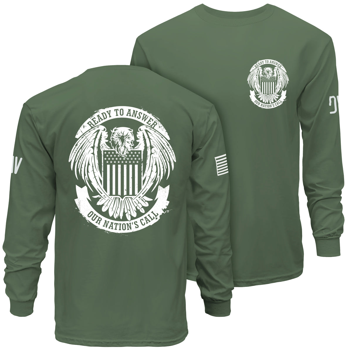 Green long-sleeve shirt with military-themed designs on the front and back