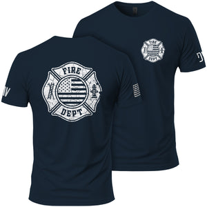 Navy blue t-shirt with fire department emblem on front and back