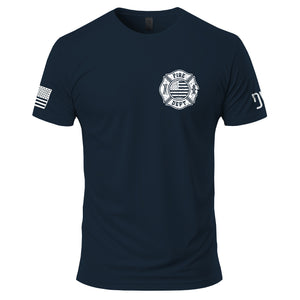 Navy blue t-shirt with 'Fire Dept.' emblem on a white background