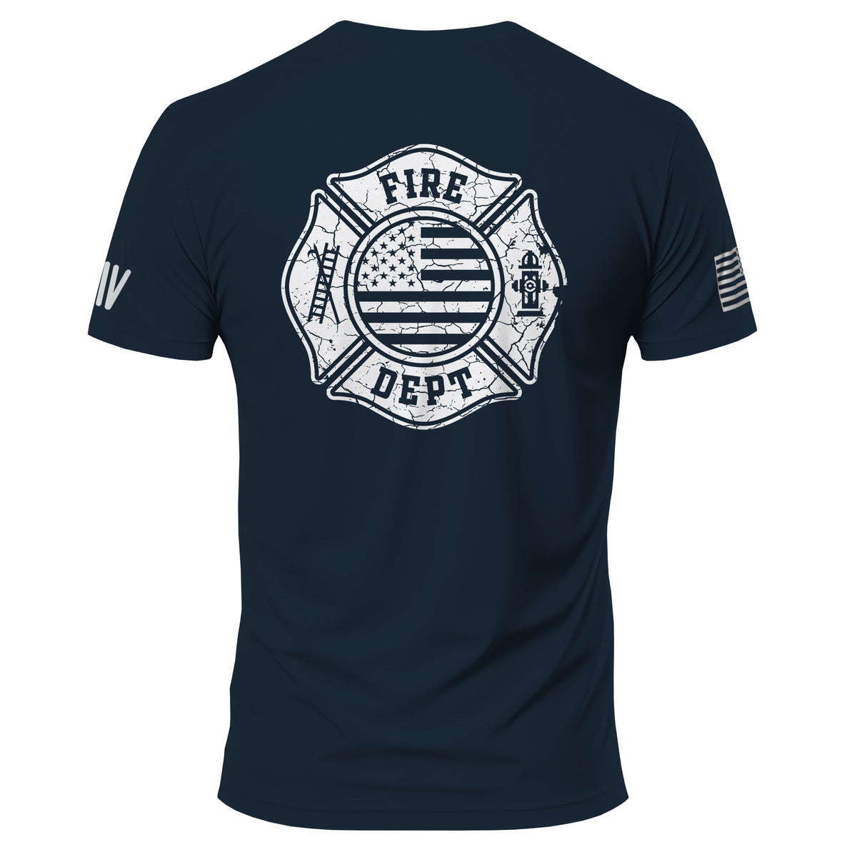 Navy blue t-shirt with 'Fire Dept' graphic on a white background