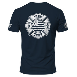 Navy blue t-shirt with 'Fire Dept' graphic on a white background