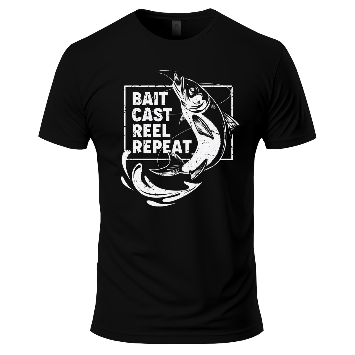 Black t-shirt with white graphic design and text 'Bait Cast Reel Repeat' on a white background