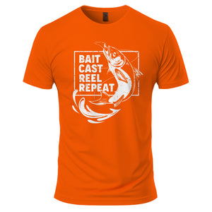 Orange t-shirt with white graphic and text 'Bait Cast Reel Repeat' on a white background