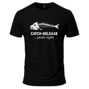 Black t-shirt with white fish skeleton graphic and text on a white background