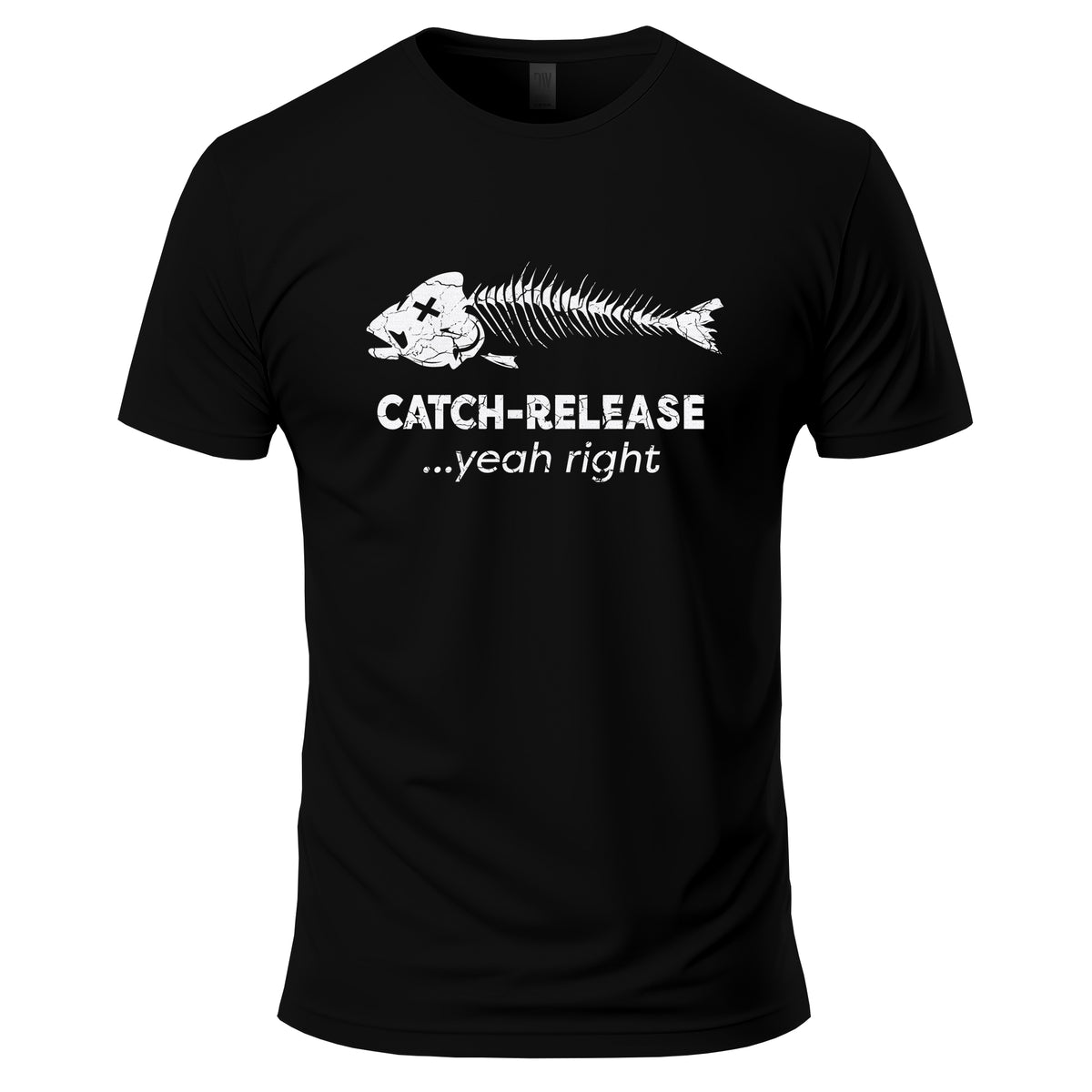 Black t-shirt with white fish skeleton graphic and text on a white background