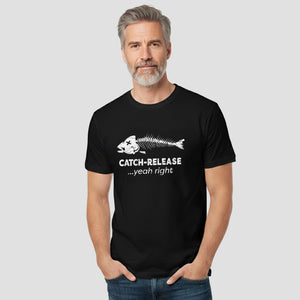 Man wearing a black t-shirt with a fish skeleton design and text on a plain background