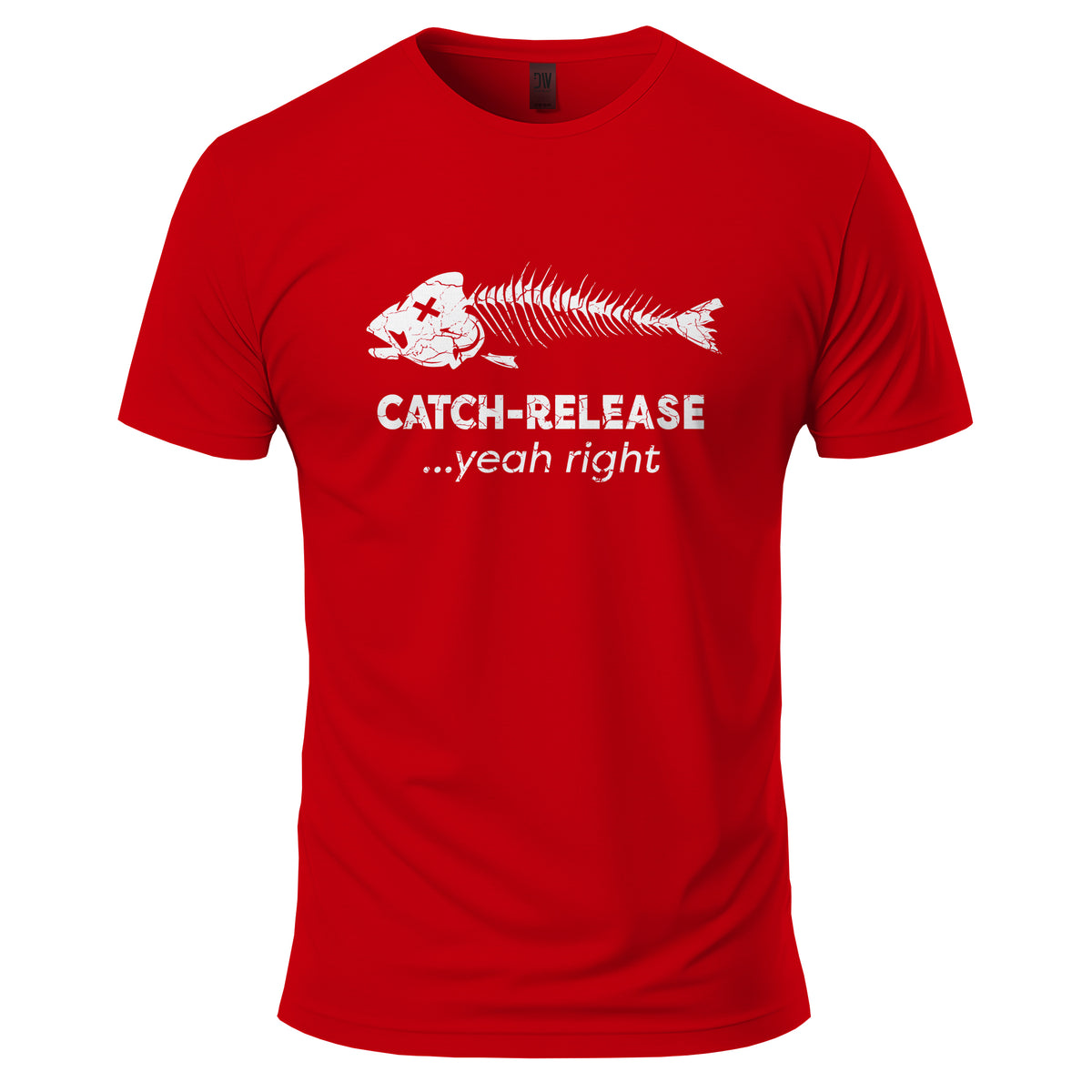 Red t-shirt with white fish skeleton graphic and text on a white background