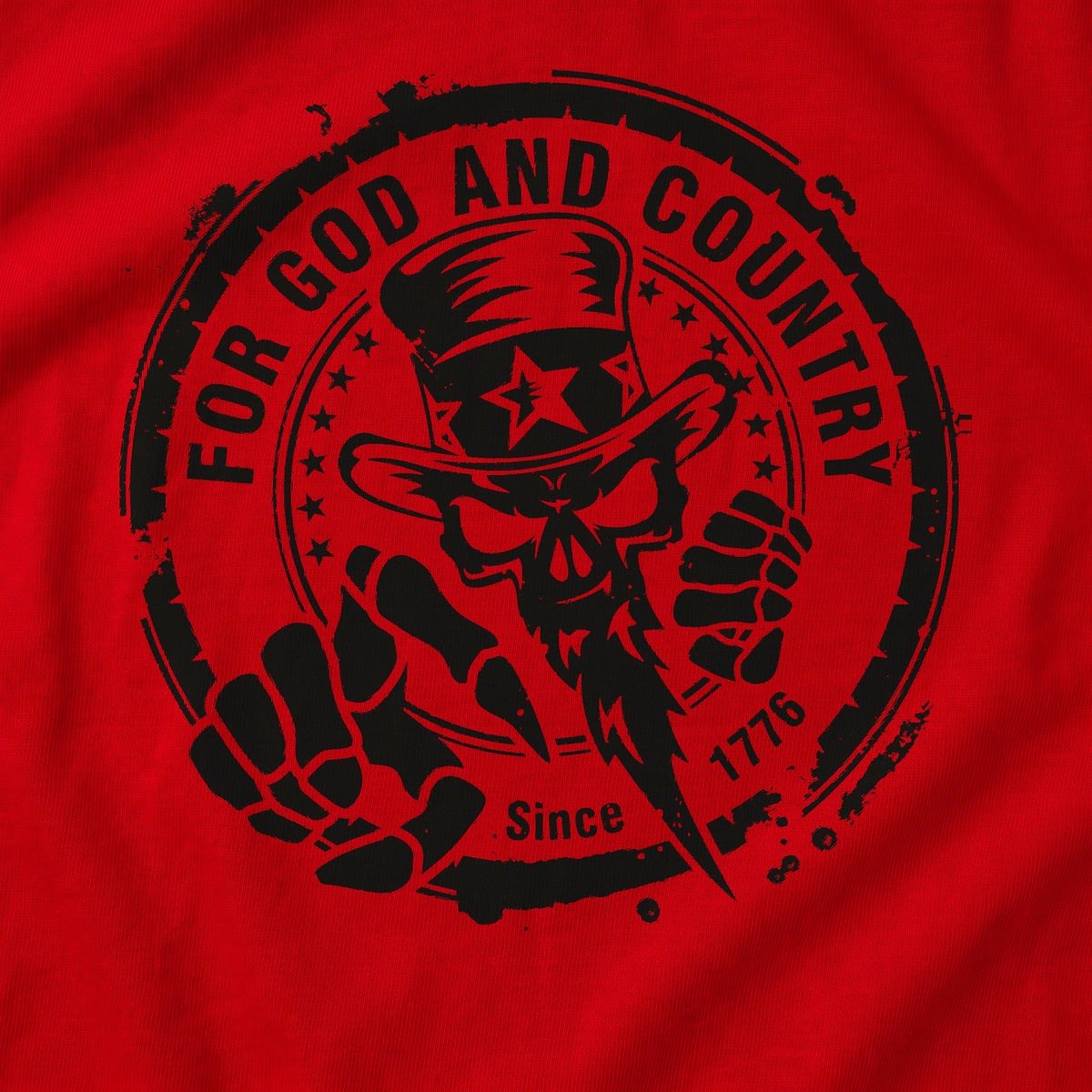 Close-up of the For God and Country T-Shirt back print on Red: Uncle Sam skull in a star-banded top hat with a pointing skeletal hand and a fist, ringed by FOR GOD AND COUNTRY and Since 1776 (digitally composited print visualization, not a photograph)