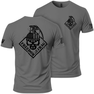 Gray t-shirt with black graphic design on a white background