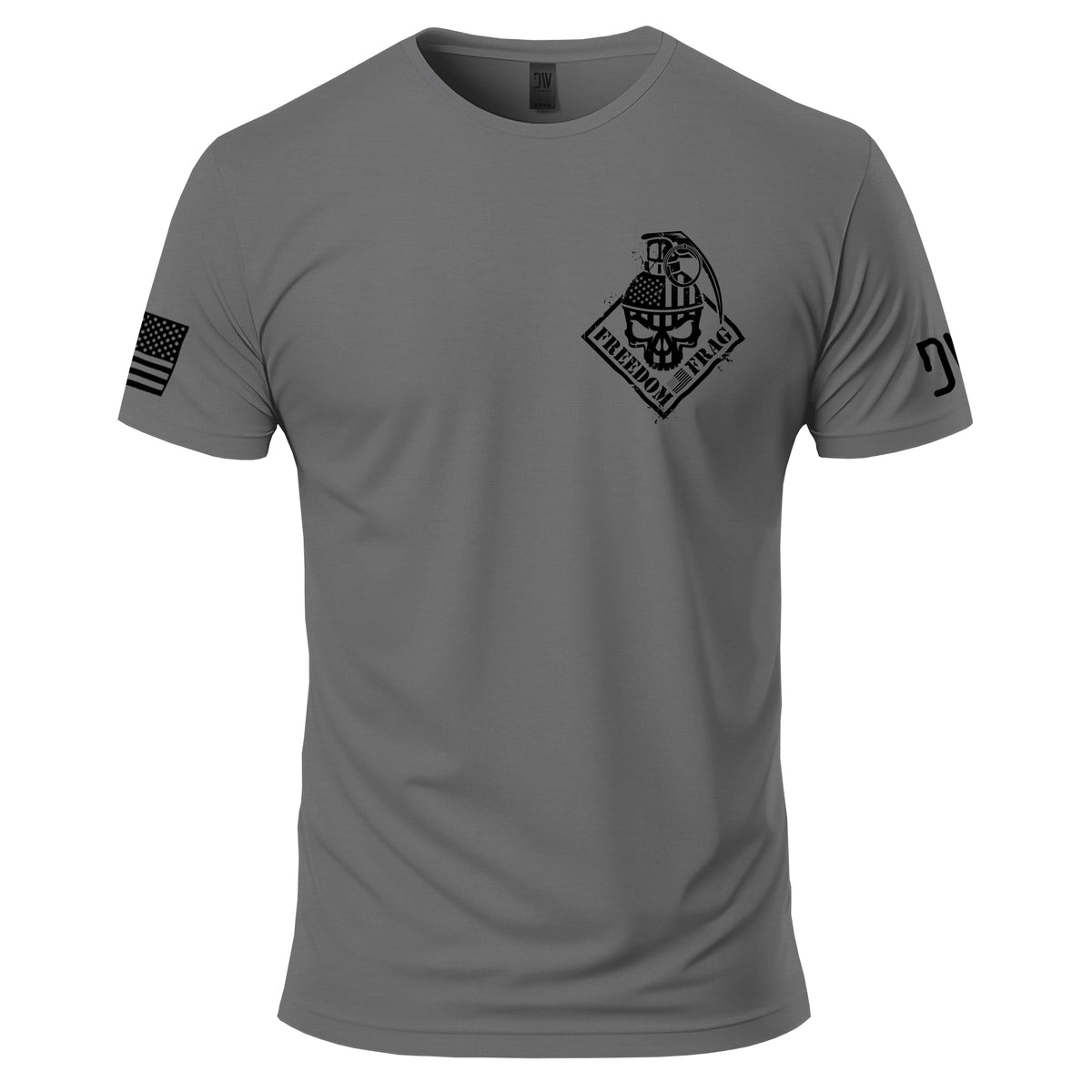 Gray t-shirt with black graphic design on a white background