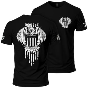 Black t-shirt with white eagle and flag design on front and back