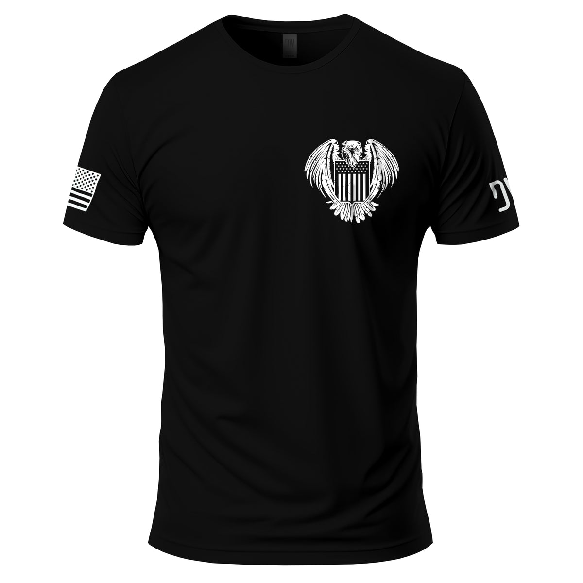 Black t-shirt with white eagle and flag design on a white background