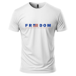 White t-shirt with 'FREEDOM' text and American flag design on a white background