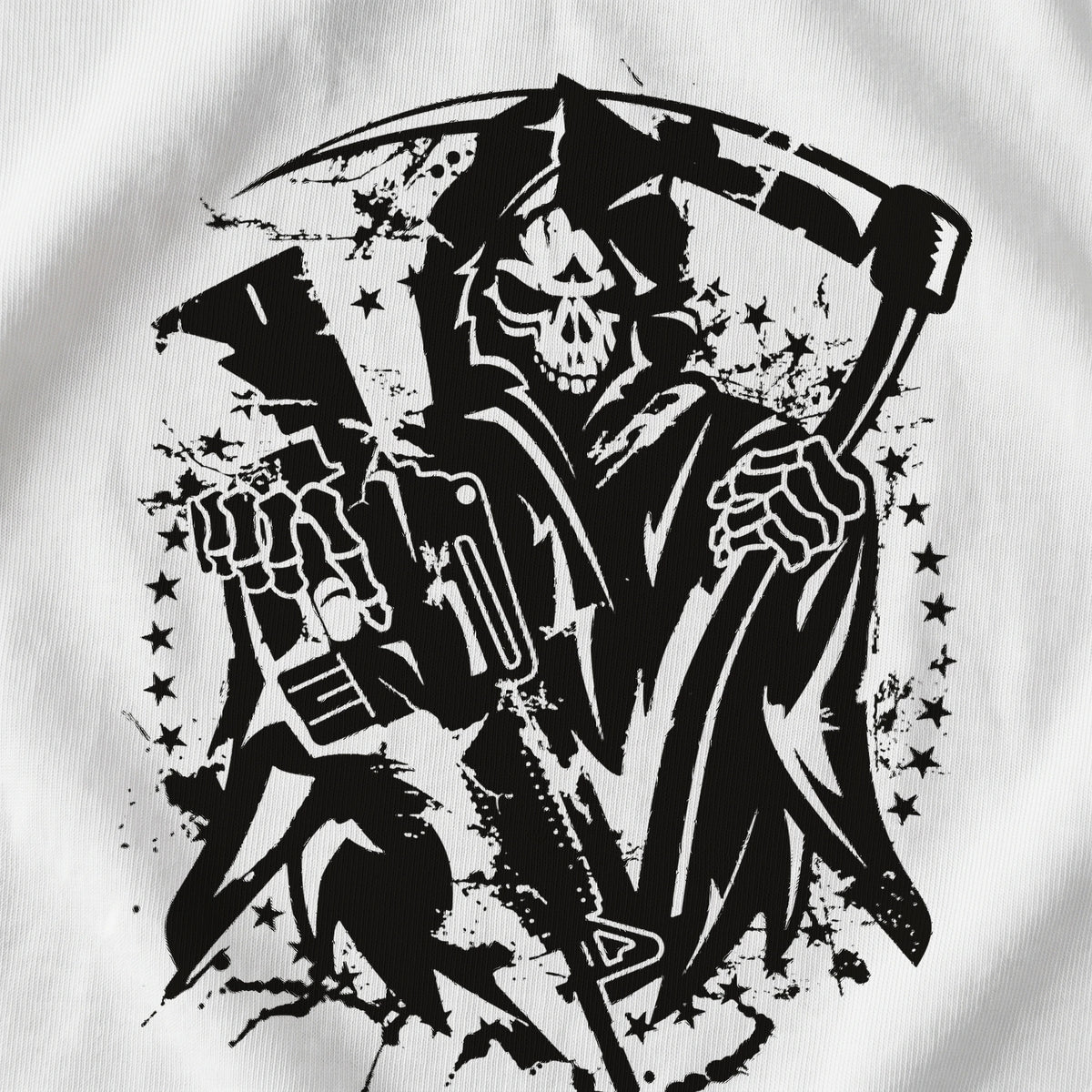 Close-up of the Grim Reaper T-Shirt front print on White: hooded skull, scythe, rifle, stars and distressed splatter in black ink (digitally composited print visualization, not a photograph)