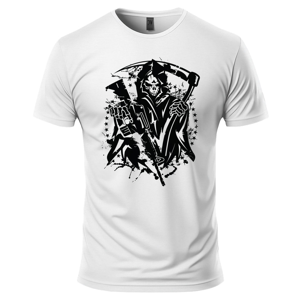 Grim Reaper T-Shirt in White, front view: black Grim Reaper with a scythe, a rifle, stars and splatter printed large across the front, plain sleeves