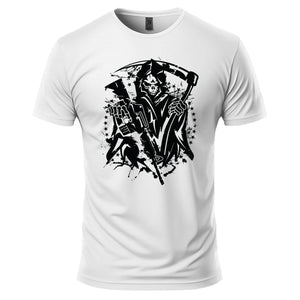 Grim Reaper T-Shirt in White, front view: black Grim Reaper with a scythe, a rifle, stars and splatter printed large across the front, plain sleeves