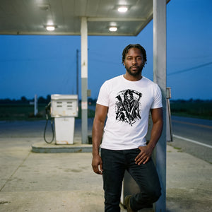 Man leaning on the fuel-pump island of a rural gas station at blue hour, wearing the Grim Reaper T-Shirt in White with the black Grim Reaper with a scythe, a rifle, stars and splatter printed large across the front