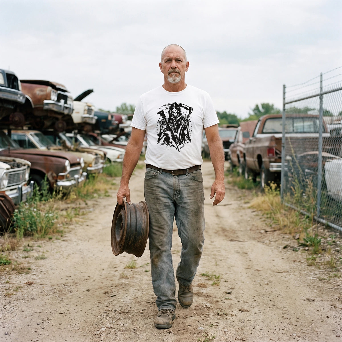 Older man with a grey goatee walking through an automotive salvage yard carrying a rusted wheel rim, wearing the Grim Reaper T-Shirt in White with the black Grim Reaper with a scythe, a rifle, stars and splatter printed large across the front