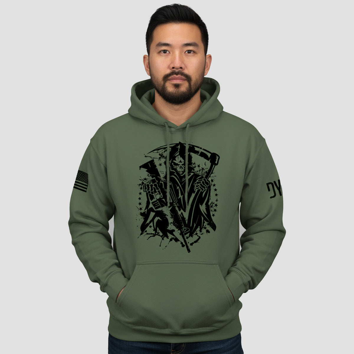 Men wearing Grim Reaper hoodie
