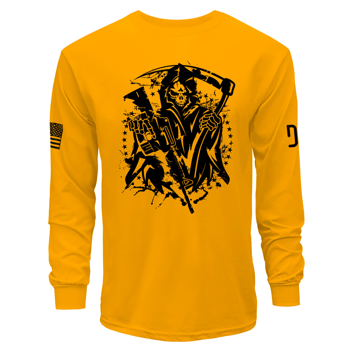 Yellow long-sleeve shirt with black graphic design on a white background