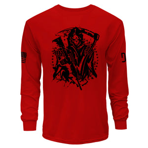Red long-sleeve shirt with black graphic design on a white background